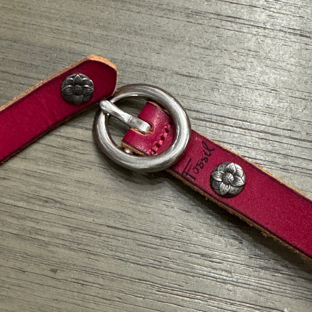 Fossil Pink and Tan Braided Leather Belt with Silver Ring Buckle 40” Long - Picture 6 of 7